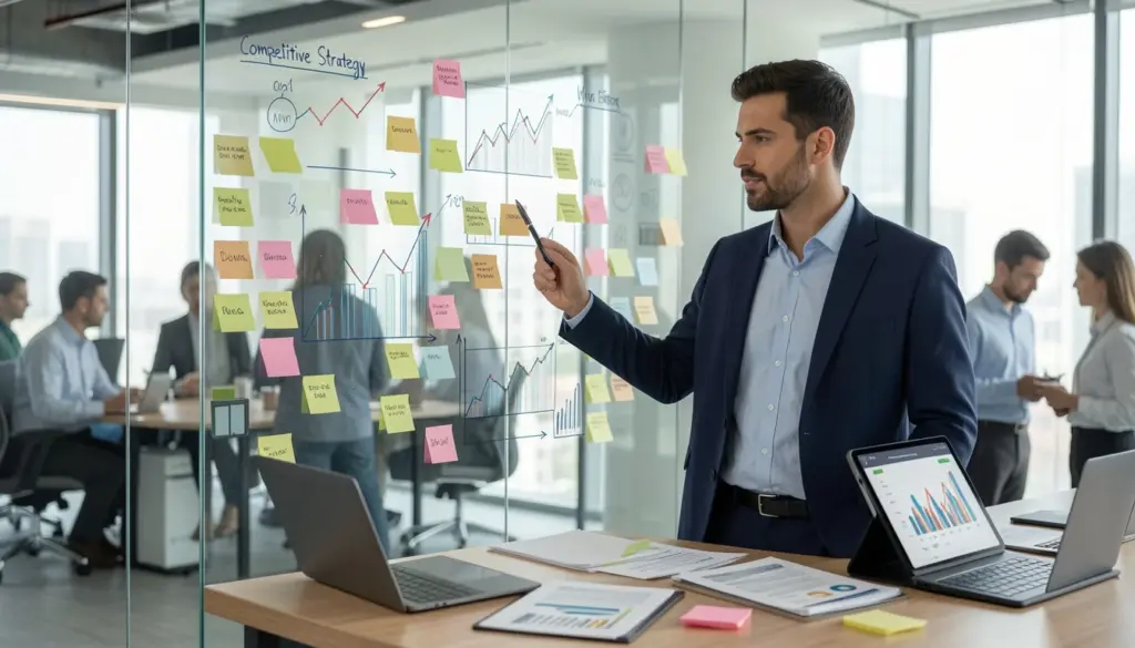Competitive Advantage Strategy: A Complete Guide for Founders Entrepreneur analyzing competitive advantage strategy with charts and business data in a modern office environment
