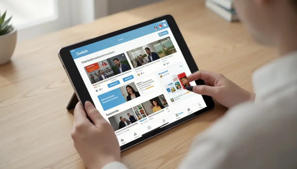 Photorealistic image of a person browsing a personalized digital content feed on a laptop, illustrating how content discovery algorithms recommend videos, articles, and social media posts based on user behavior.