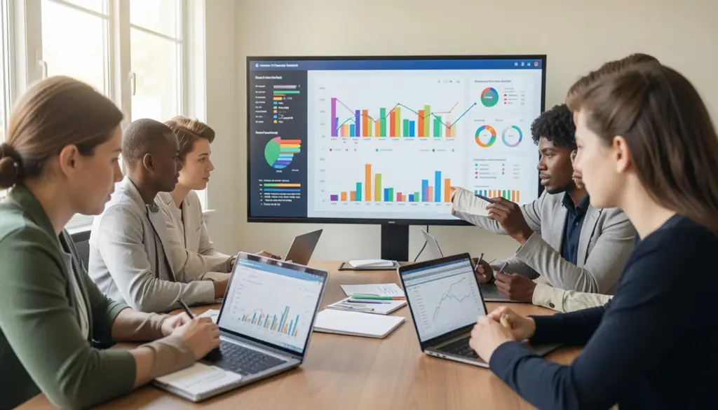 How Data Helps Businesses Make Better Decisions Business team analyzing data dashboards and charts to make data driven decisions in a modern office setting