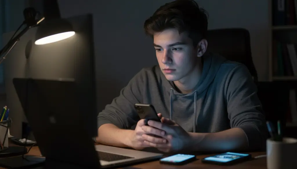 Technology and Personal Digital Identity Online Person using smartphone with social media profiles reflected on screen, representing digital identity and online self vs real-life identity