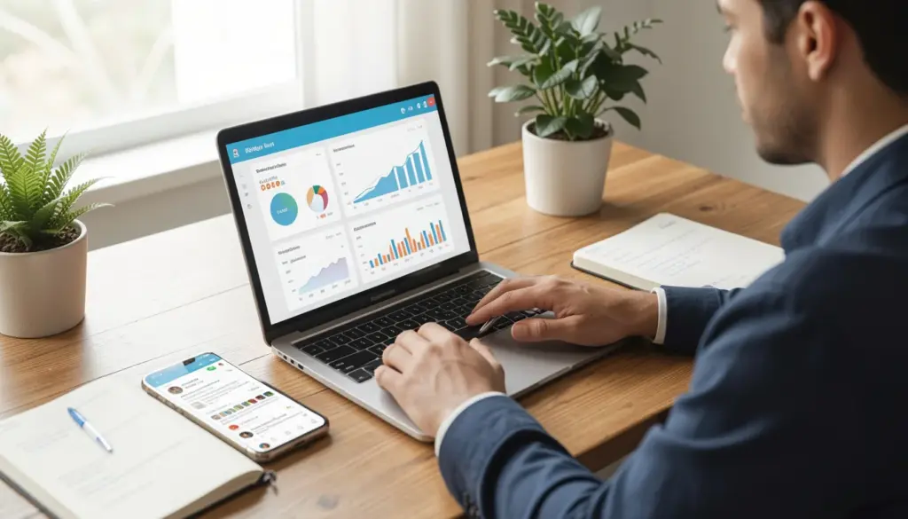 How Digital Marketing Supports Business Growth Small business owner analyzing digital marketing data on laptop with SEO, ads, and content strategy tools on desk