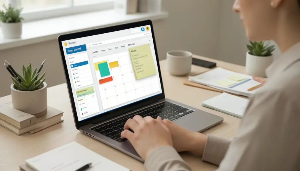 Digital Productivity Systems Explained Professional using a digital productivity system with task manager, calendar time blocking, and organized workflow on a laptop in a clean workspace