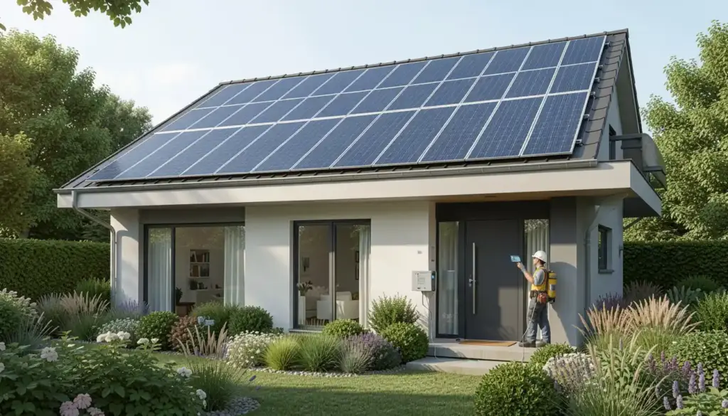 Energy Efficient Home Improvements That Save Money Modern energy-efficient home with solar panels, double-pane windows, and a technician conducting a thermal energy audit to reduce utility bills and improve comfort.