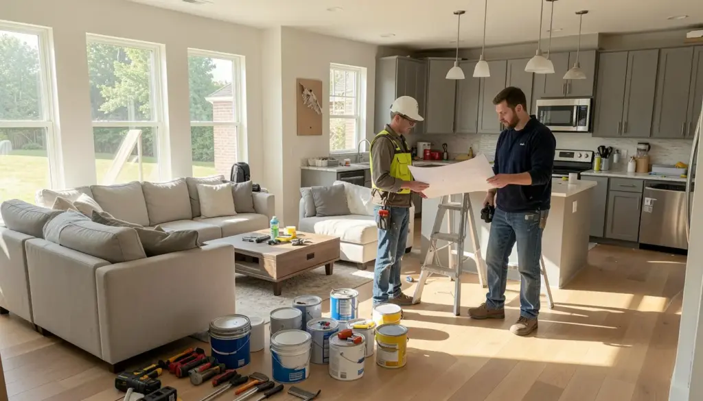 Homeowner and contractors reviewing blueprints in a bright, modern home under renovation with tools and materials visible, illustrating careful planning and avoiding common renovation mistakes.