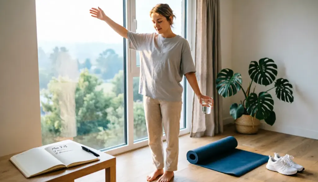 person building a simple morning health routine with stretching, hydration, and habit tracking in a realistic home setting