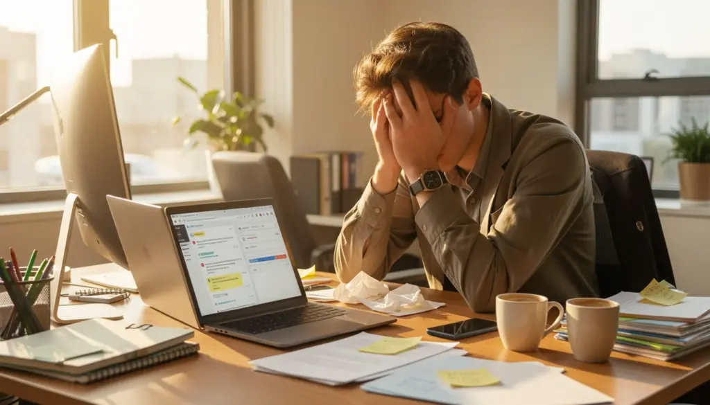 Person feeling overwhelmed by multiple digital devices and constant notifications, illustrating information overload and mental fatigue in a modern workspace