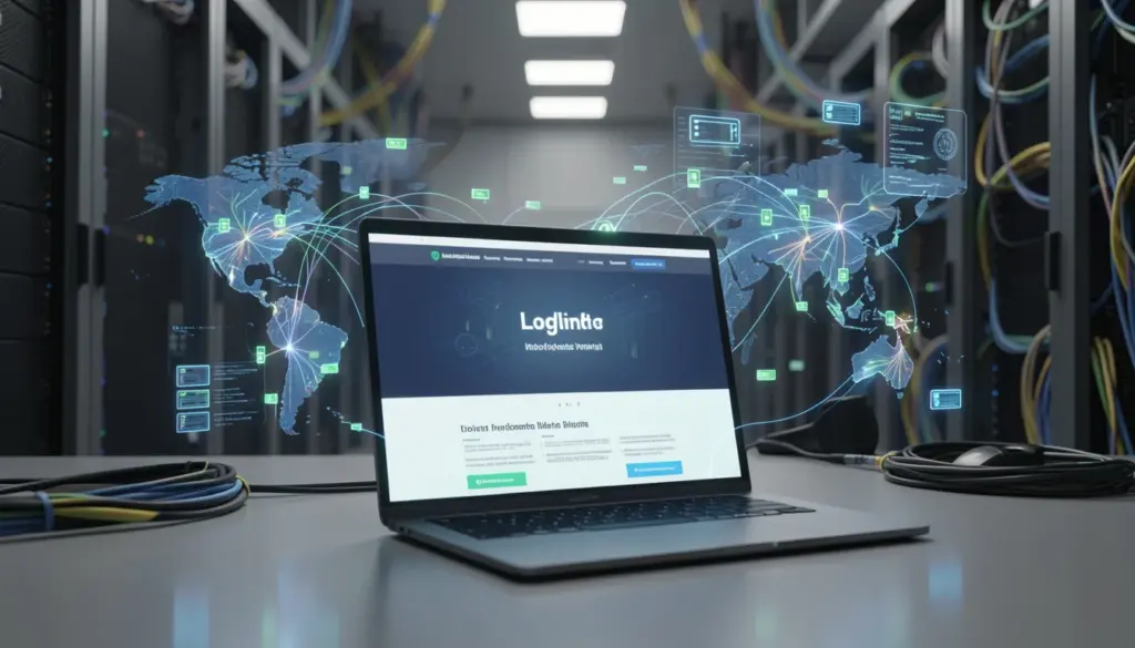 Photorealistic visualization of how the internet works showing laptop, data flow, global network connections, and data center infrastructure