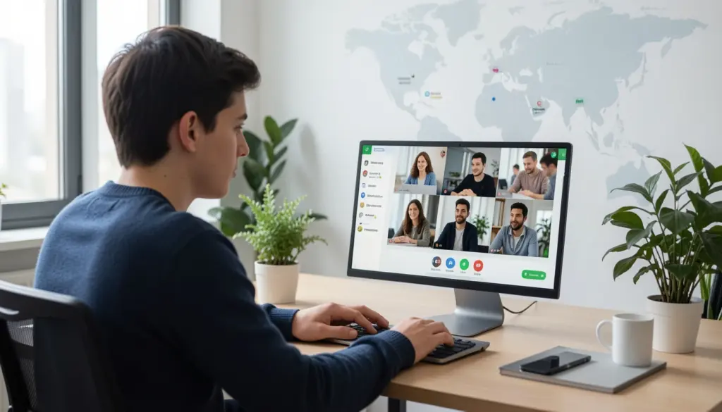 How Knowledge Sharing Works on the Internet People collaborating online through laptops and video calls, sharing knowledge across global digital platforms in a modern workspace