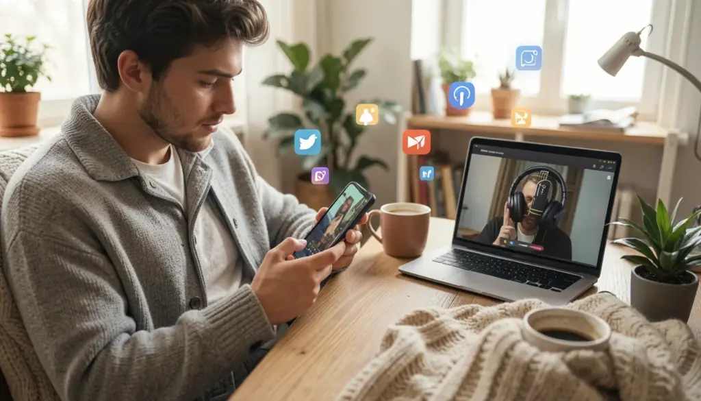 Young adult multitasking with smartphone, tablet, and laptop, representing modern digital media consumption across social media, streaming, and podcasts.