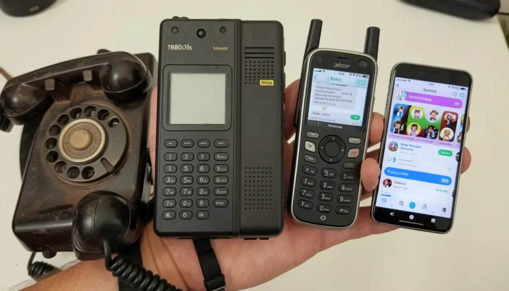 Evolution of mobile communication from landline phones and early mobile devices to modern smartphones with messaging and video calls