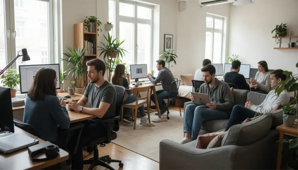 Online Communities and Modern Social Life People connecting through online communities using laptops and smartphones in different locations, illustrating digital social interaction and global connectivity.