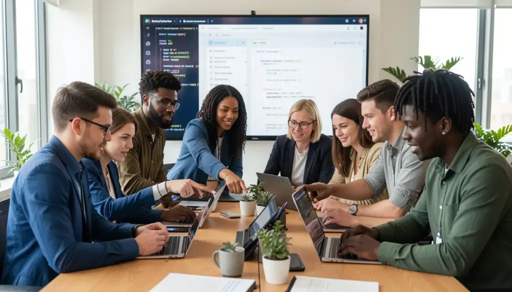 Developers collaborating on open-source software projects using shared code repositories and global technology platforms