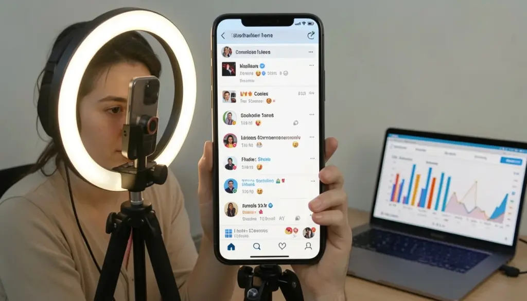 Short Form Content Trends: Platforms, Growth & Tips Short form video content creation setup with smartphone, ring light, and social media analytics on laptop in modern workspace