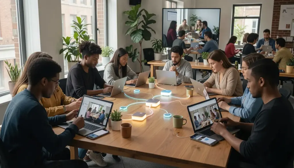 People engaging in social media communities through laptops and smartphones, participating in online discussions and digital group interactions
