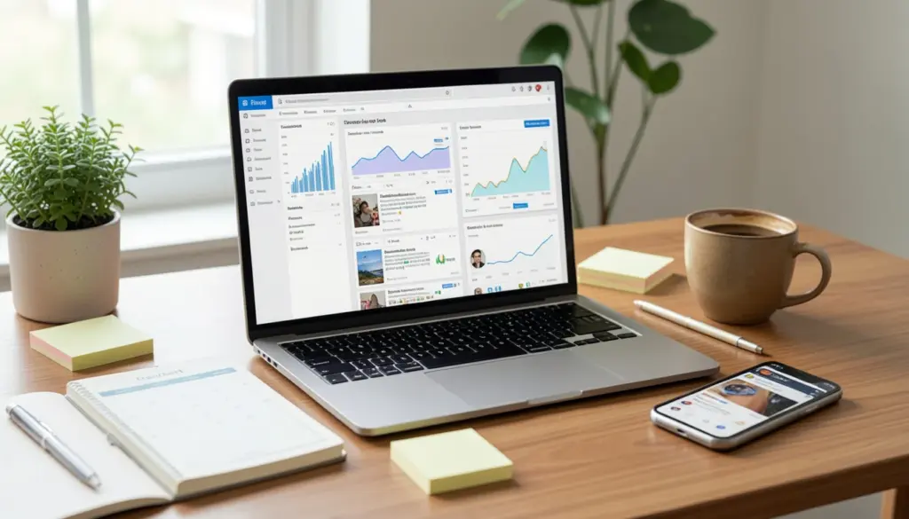 Photorealistic image of a business owner managing social media marketing strategy on laptop and smartphone with analytics dashboard and content planning workspace.
