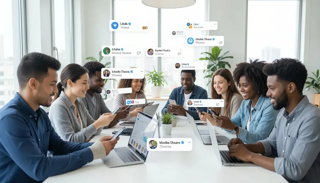 People using social media on smartphones and laptops, surrounded by visual representations of likes, shares, and algorithmic influence, illustrating how online platforms shape public opinion.