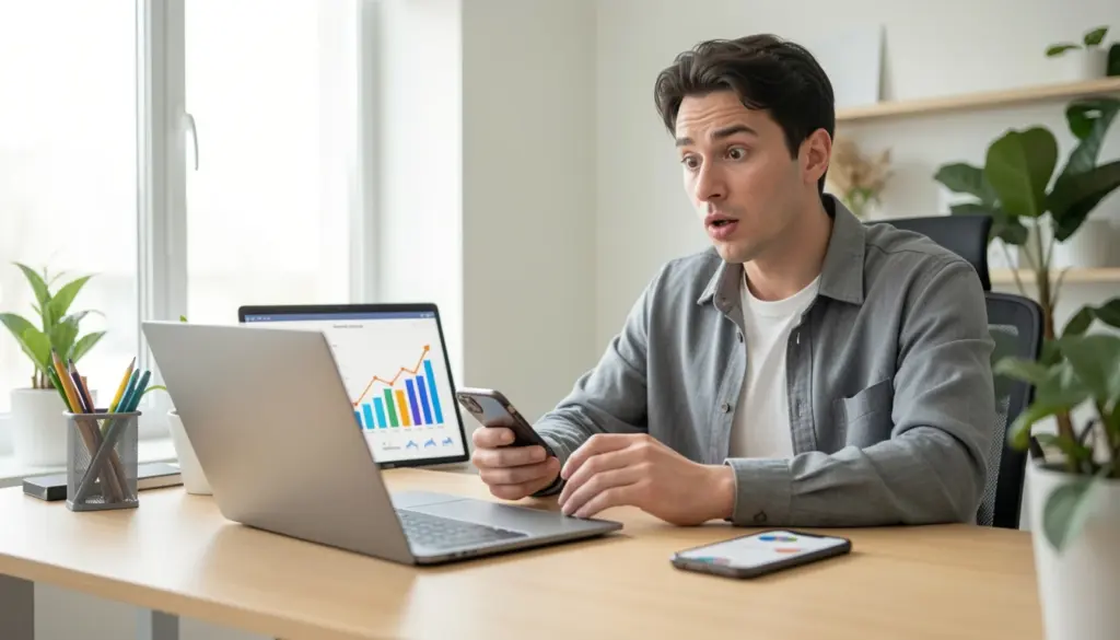 Content creator analyzing a social media post going viral with rapidly increasing engagement metrics on laptop and smartphone screens